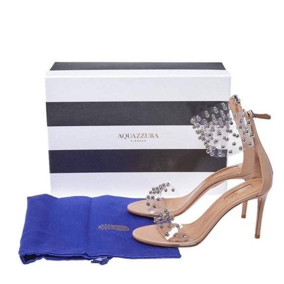 AQUAZZURA Beige Leather And Studded PVC Illusion Ankle Cuff Sandals Size 41 - Picture 6 of 8